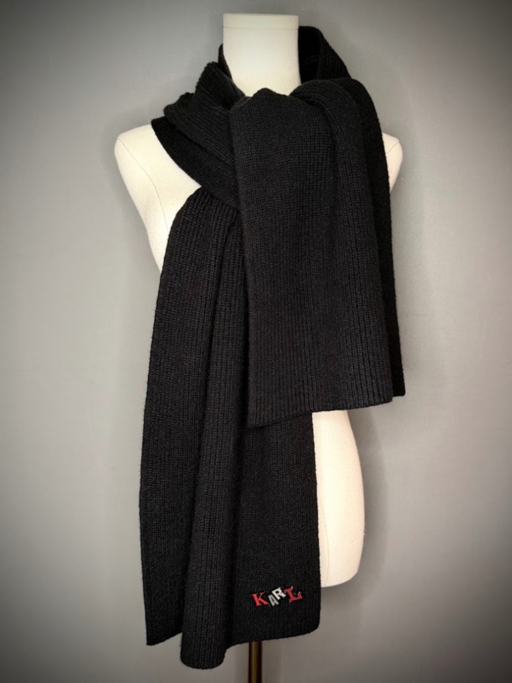 Karl Lagerfeld Paris Black Wool Scarf Rib Knit Winter Scarf
